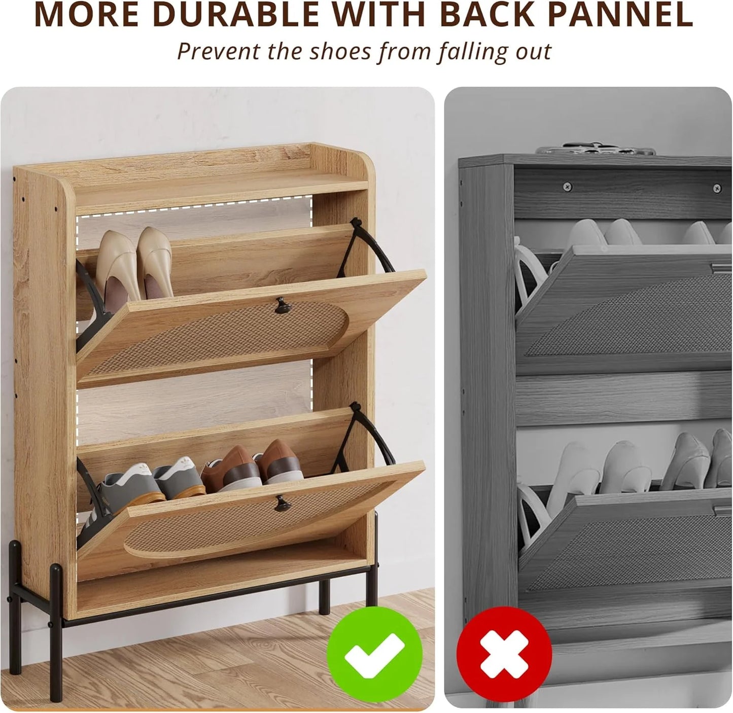 IRONCK Shoe Cabinet Storage with 2 Flip Drawers, Free Standing Wooden Shoe Storage Organizer Cabinet with Rattan Doors for Entryway, Narrow Shoe Rack Cabinet, Oak