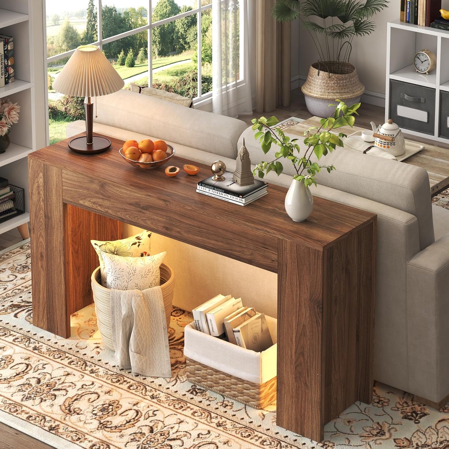 63-Inch Long Console Table with LED Light Farmhouse Sofa Table Behind Couch