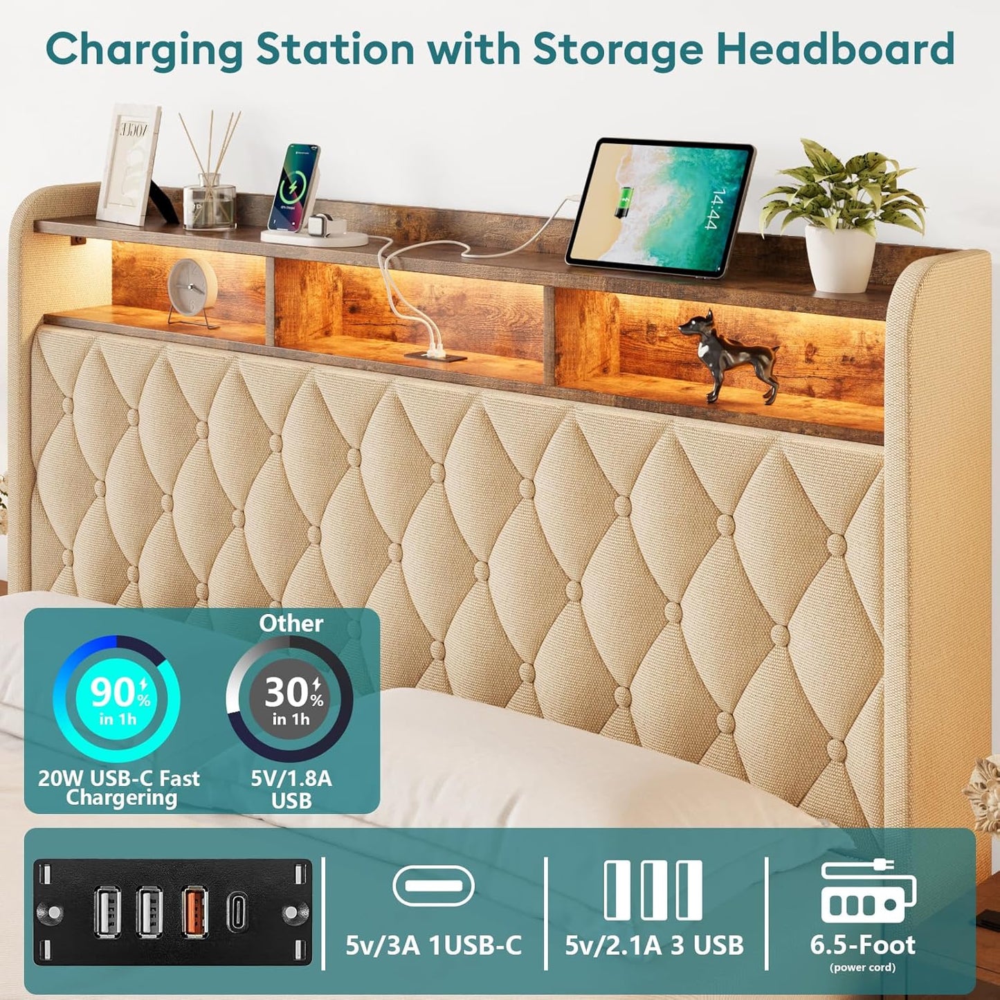 Queen Bed Frame with Storage - Lift Up Queen Size Bed Frame with Headboard, Upholstered Platform Bed with LED Lights & Charging Station, Hydraulic No Box Spring Needed Wood Slats Support, Beige