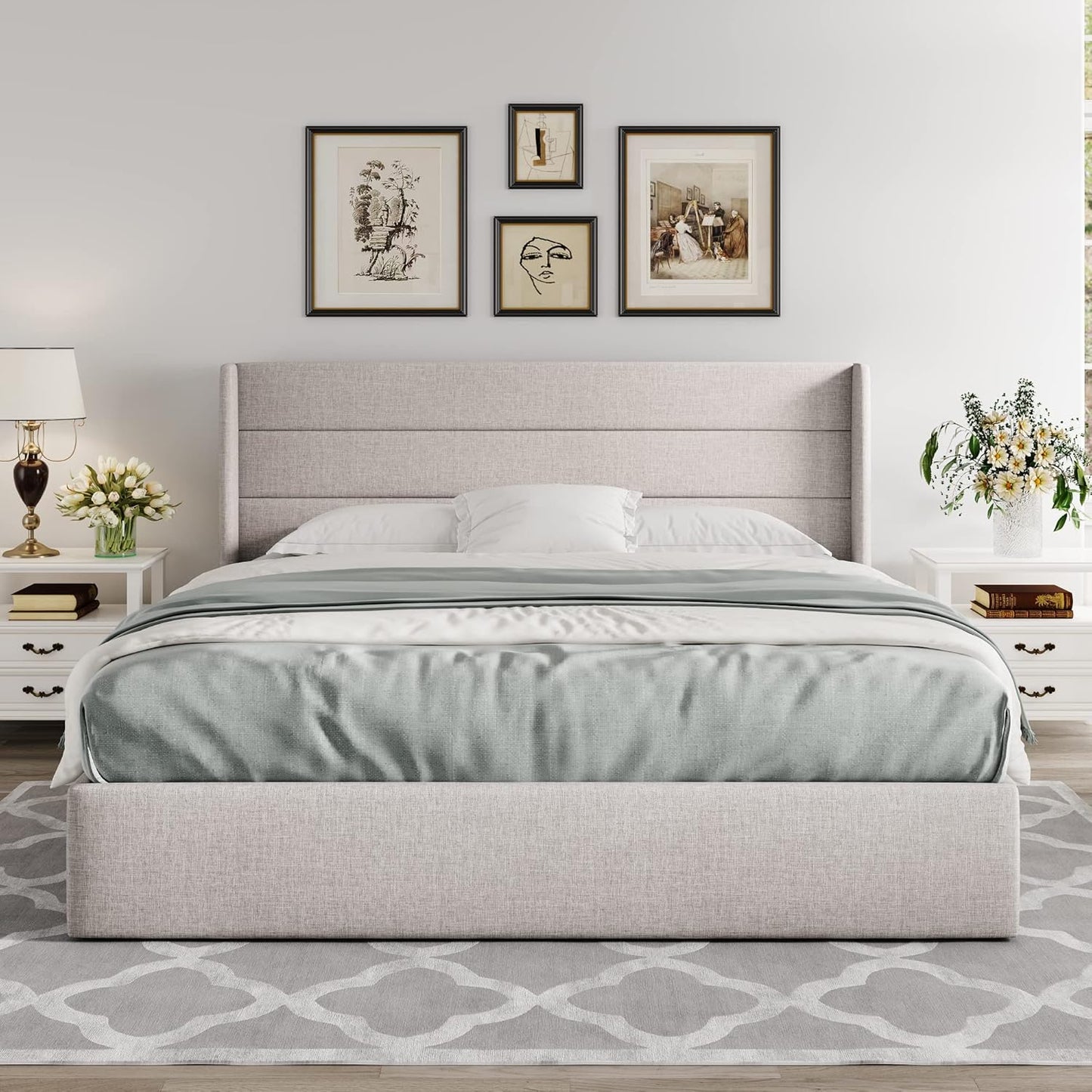 Allewie Queen Size Lift Up Storage Bed, Modern Wingback Headboard, Hydraulic Support, No Box Spring Needed, Light Beige
