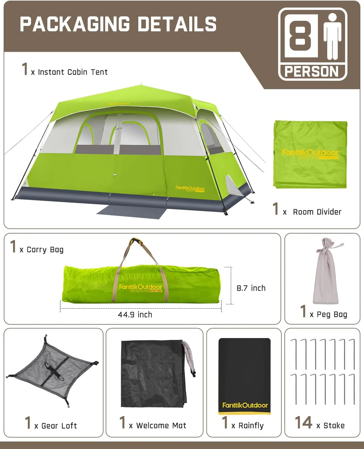 Portable camping tent for 4/6/8/10 people with instant cabin and rainproof and windproof