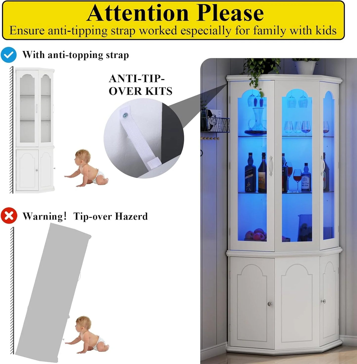 Corner wine cabinet with LED lights, tall modern wine cabinet, home bar wine storage cabinet