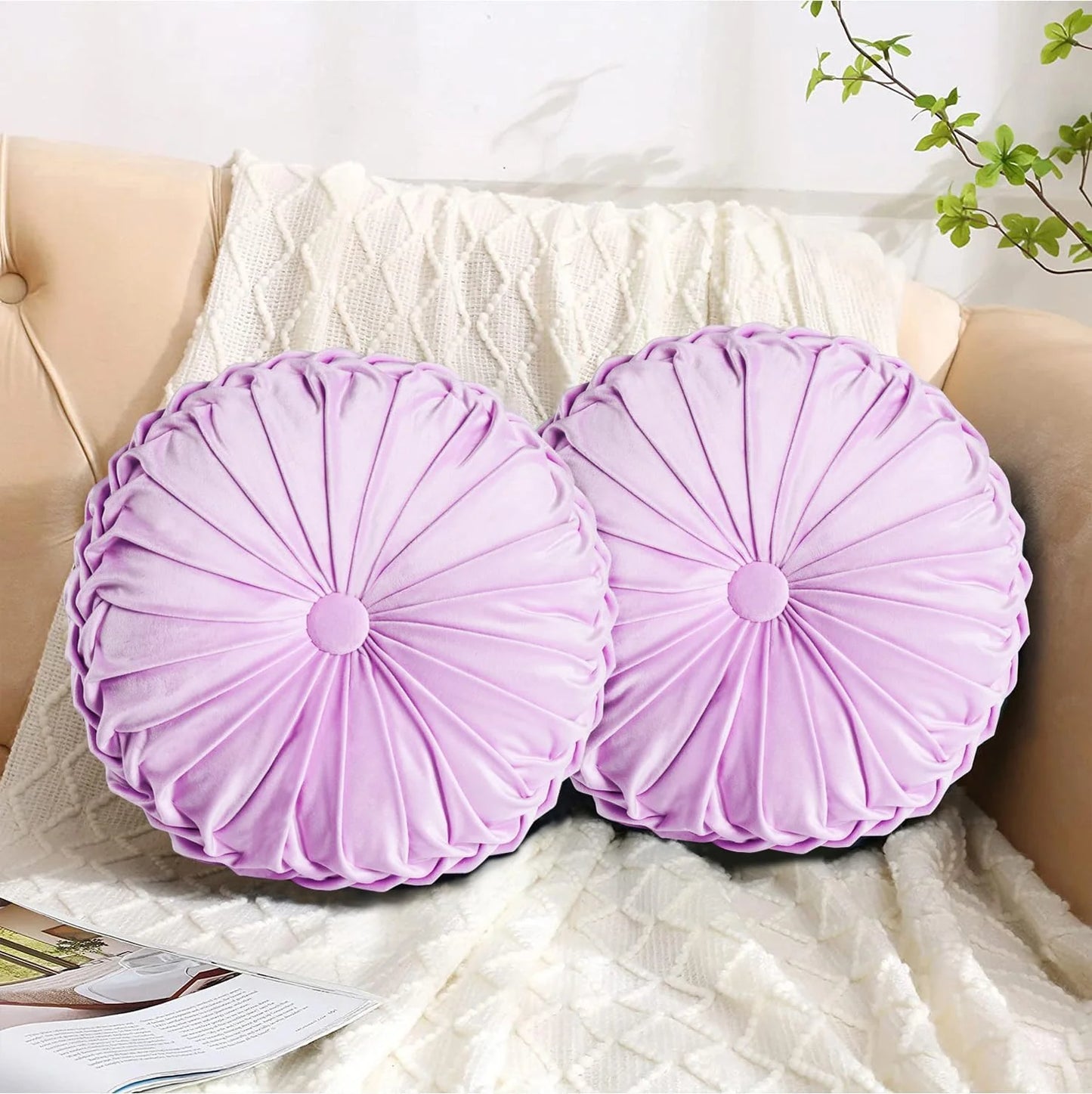 Set of 2 Decorative Round Pleated Throw Pillows