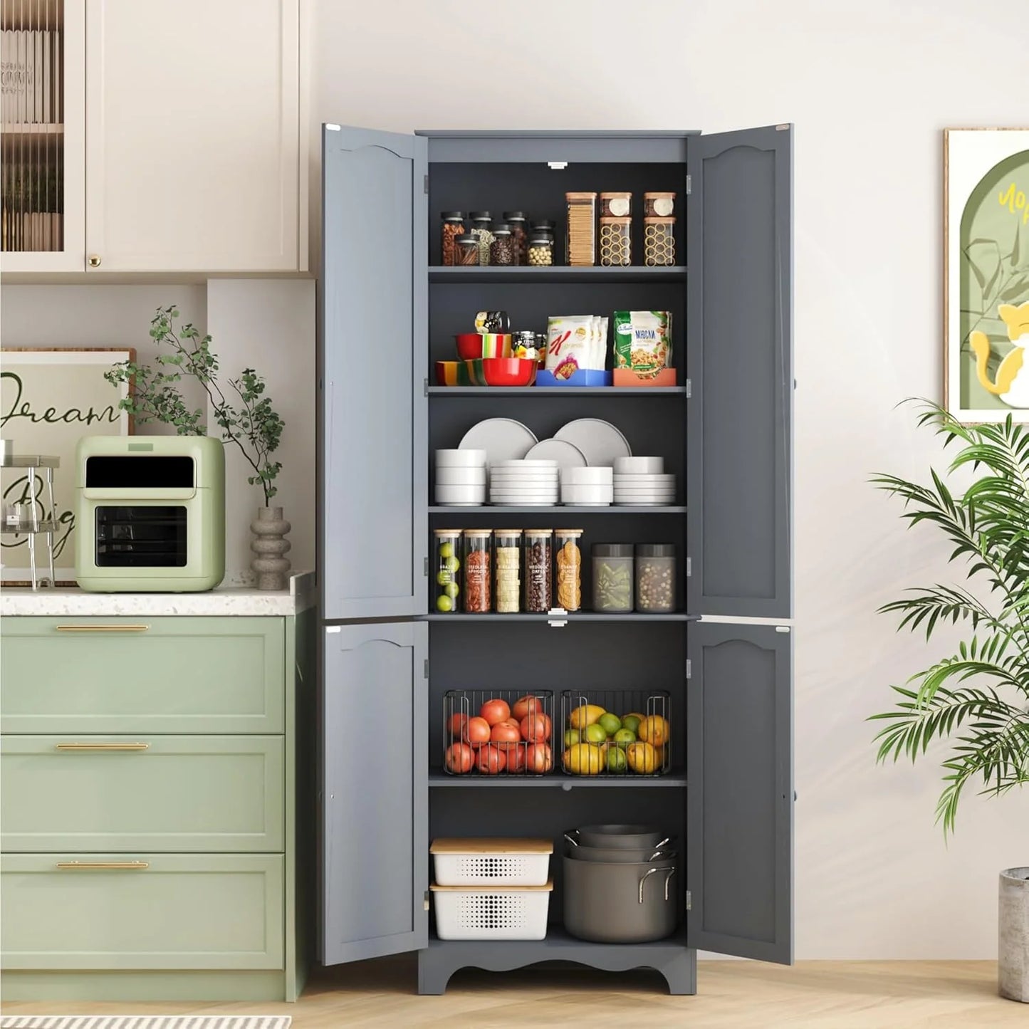 Tall Pantry Cabinet, Freestanding Storage Cabinet, Wooden Kitchen Pantry with 4 Doors and 5 Shelves, 72" Floor Cabinet Organizer