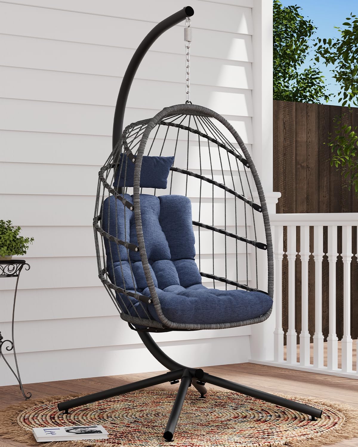 SWITTE Egg Chair Outdoor with Stand, Indoor Wicker Hanging Egg Swing Chair with Cushion, 350lbs Capacity for Patio, Bedroom