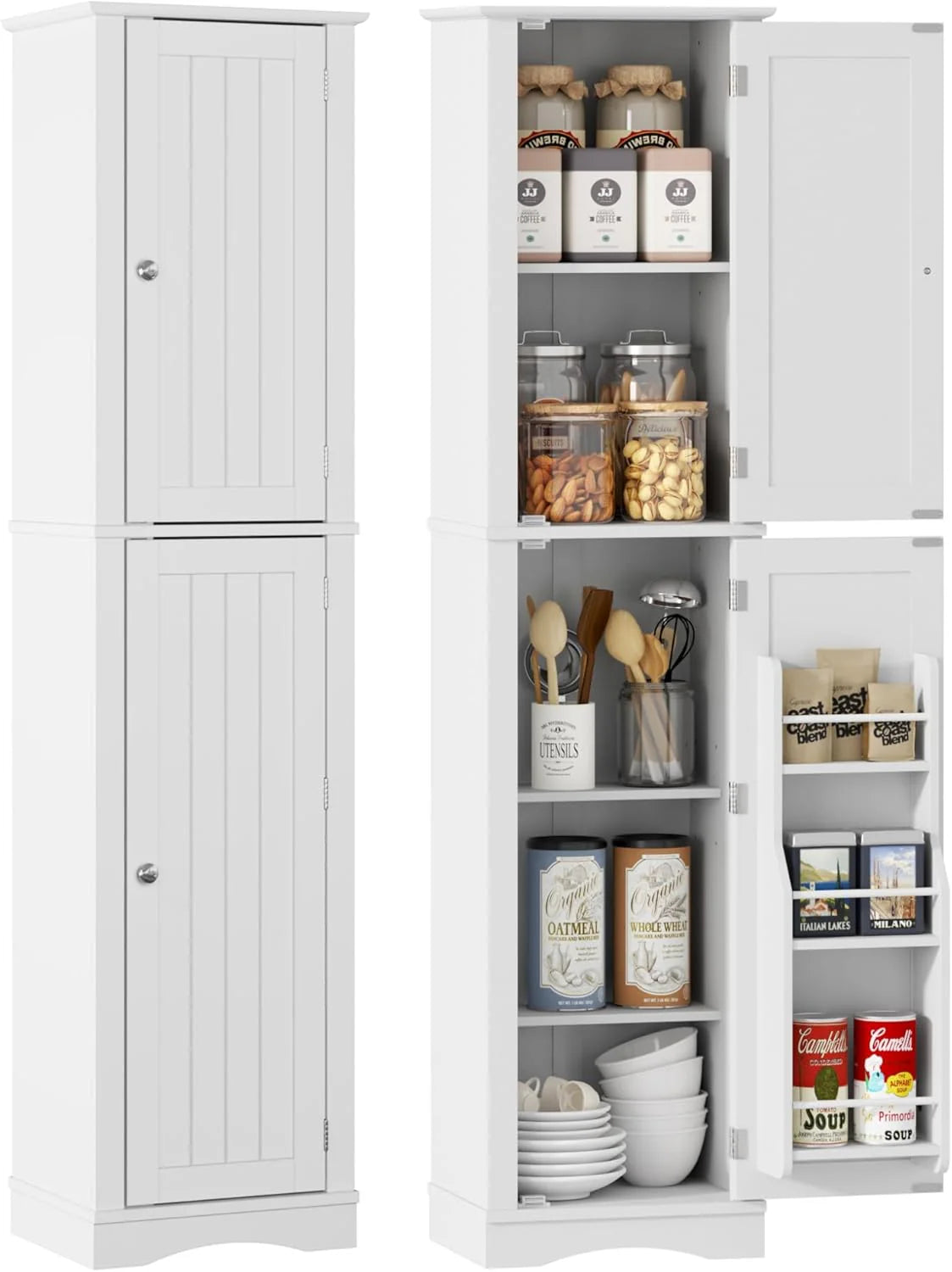 Tall Pantry Cabinet, Freestanding Storage Cabinet, Wooden Kitchen Pantry with 4 Doors and 5 Shelves, 72" Floor Cabinet Organizer