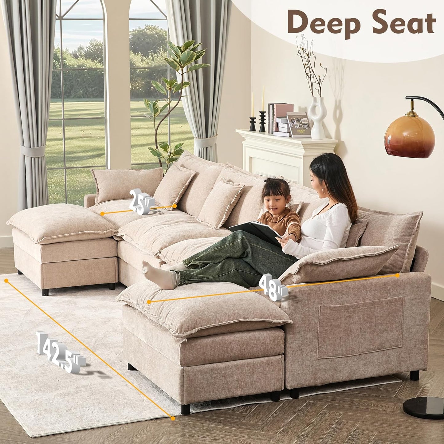108 Inch U Shape Sofa, Sectional Sofa, Comfortable Cloud Sofa with Removable Footstool, Living Room Deep Seat Sofa, Linen, Beige