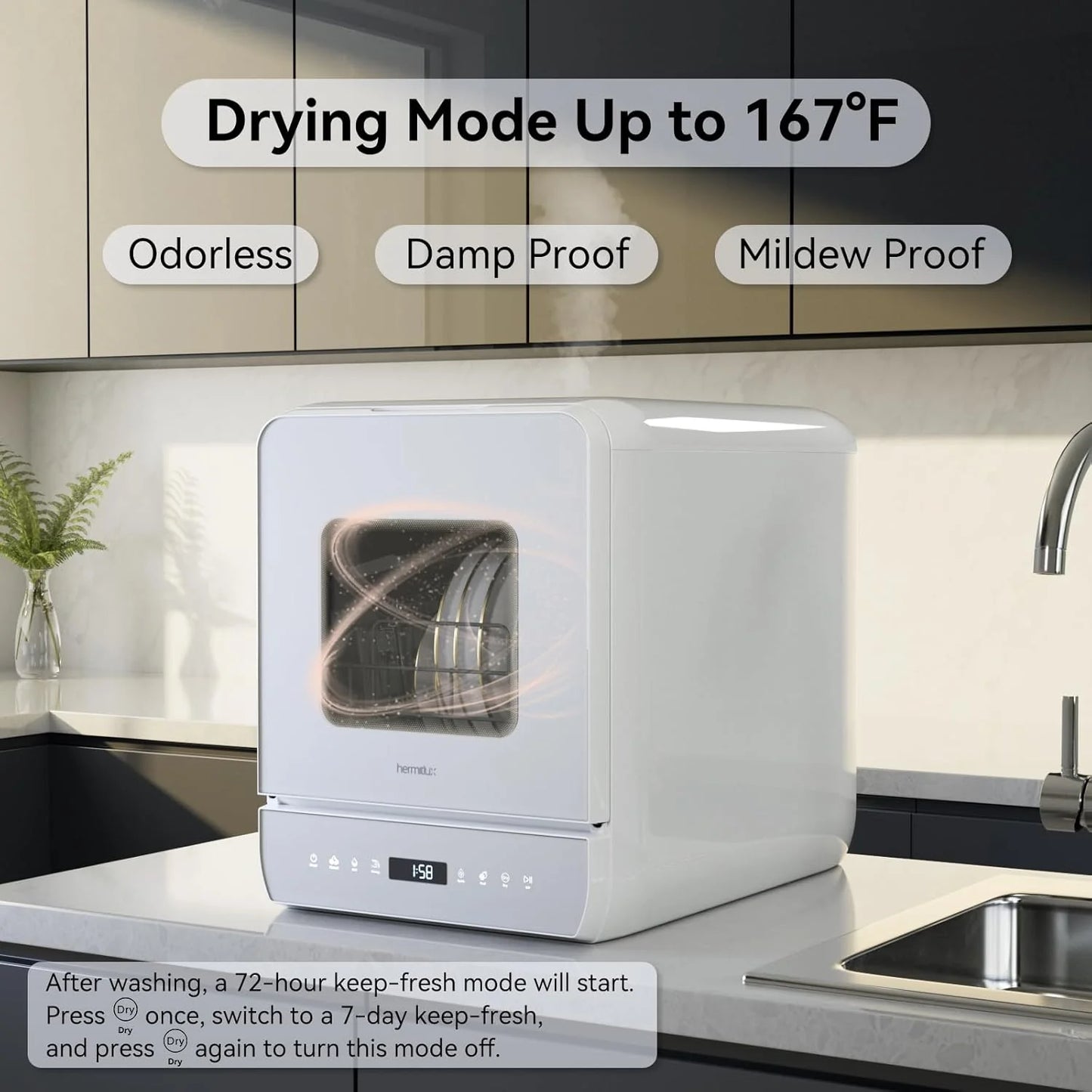 Hermitlux tabletop dishwasher, 7 wash programs, portable mini dishwasher