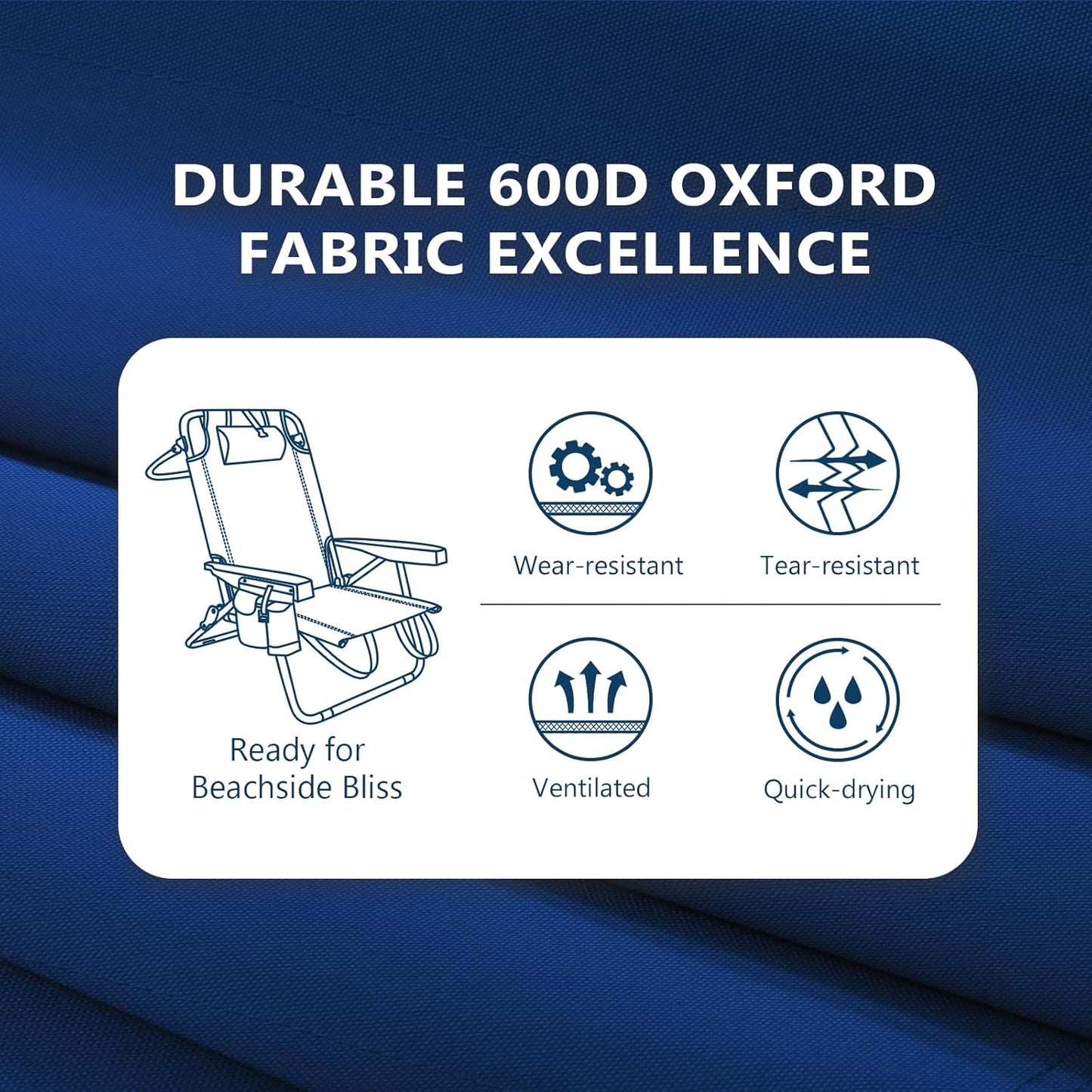 5-Position Aluminum Lay Flat Tall Backpack Beach Chairs 2 Pack Compact Portable Beach Chairs for Adults with Cooler Pouch, Storage Pouch, Towel Bar, Cup Holder & Phone Holder, Blue Stripe