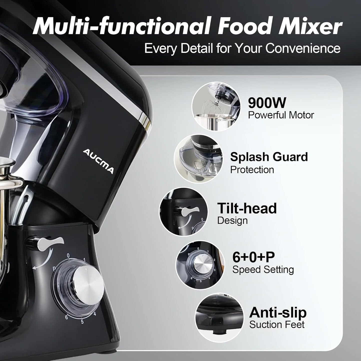 Aucma Stand Mixer,6.5-QT 660W 6-Speed Tilt-Head Food Mixer, Kitchen Electric Mixer with Dough Hook