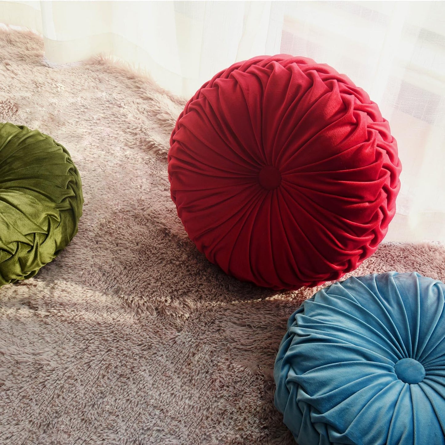 Set of 2 Decorative Round Pleated Throw Pillows