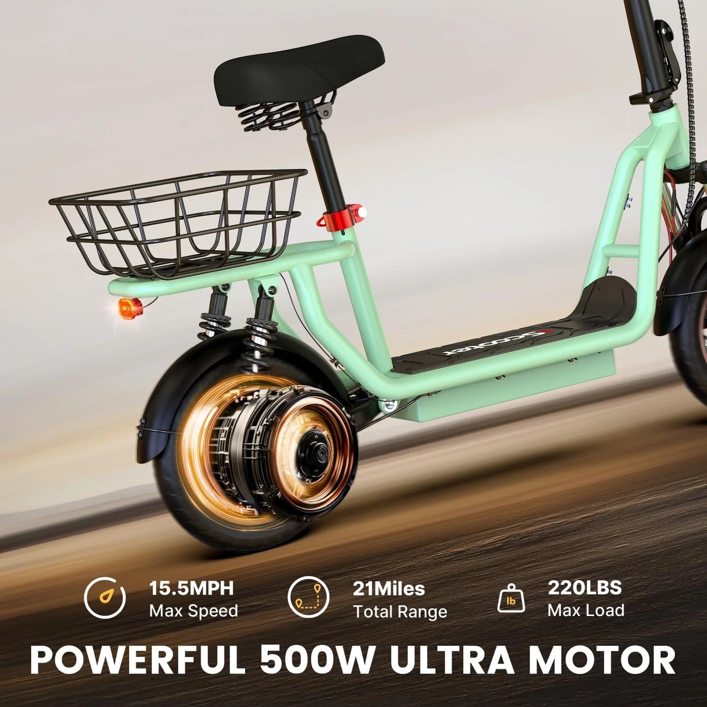 iScooter electric scooter with seat, 37/21 mile range, 28/19/15.6 mph top speed, dual suspension scooter with basket