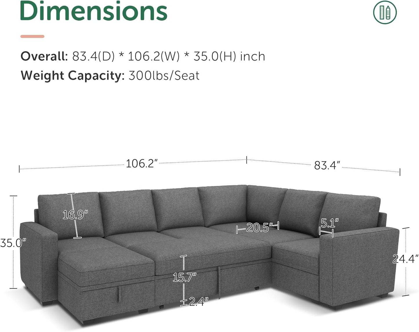 HONBAY Modular Sectional Sleeper Sofa with Pull Out Bed, L Shaped Couch with Storage Seat, Convertible Sectional Couches for Living Room