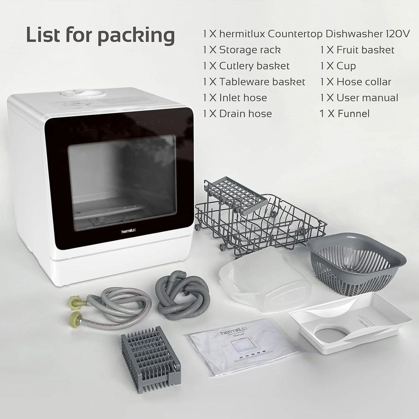 Hermitlux tabletop dishwasher, 7 wash programs, portable mini dishwasher