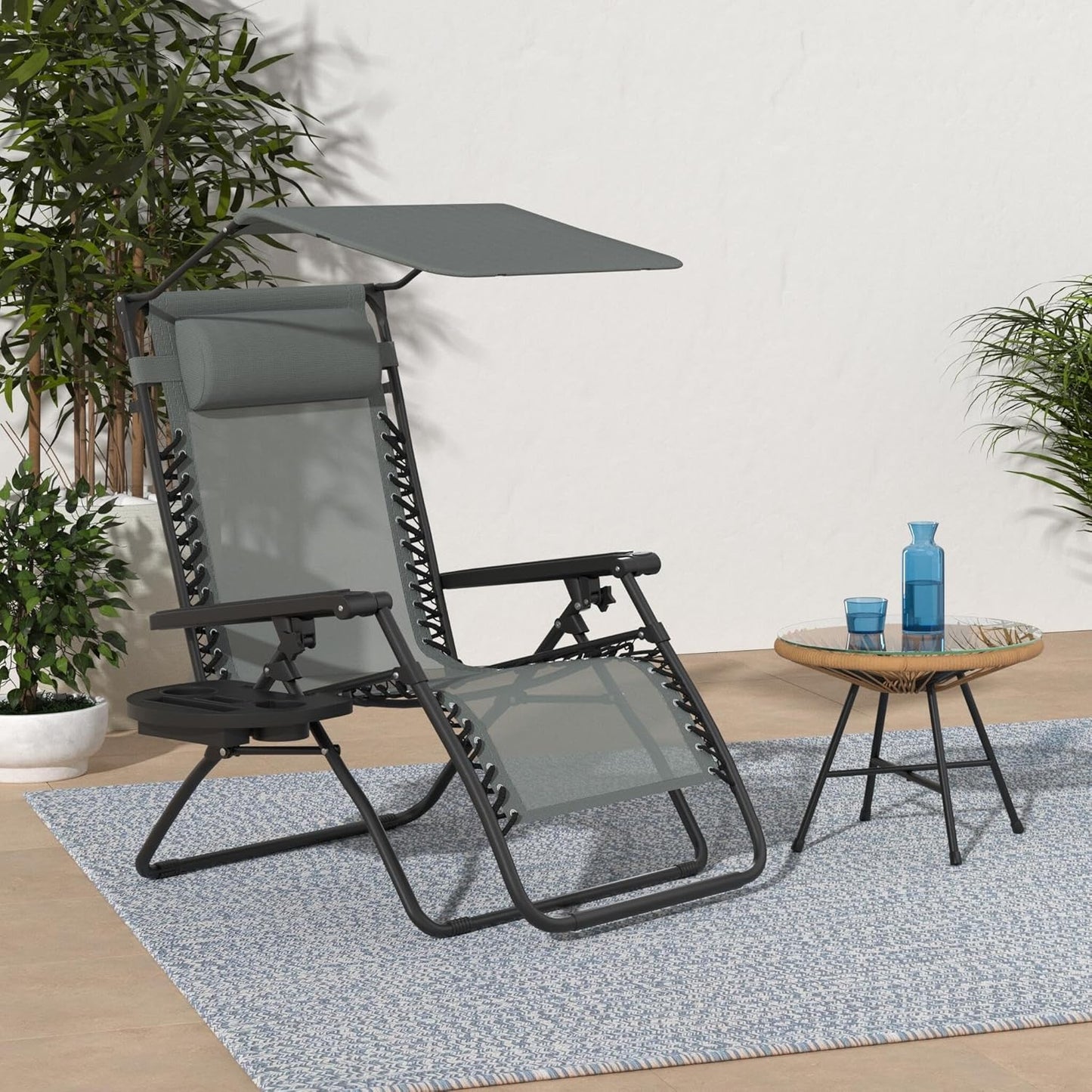 Best Choice Products Folding Zero Gravity Outdoor Recliner Patio Lounge Chair w/Adjustable Canopy Shade, Headrest, Side Accessory Tray, Textilene Mesh - Peacock Blue
