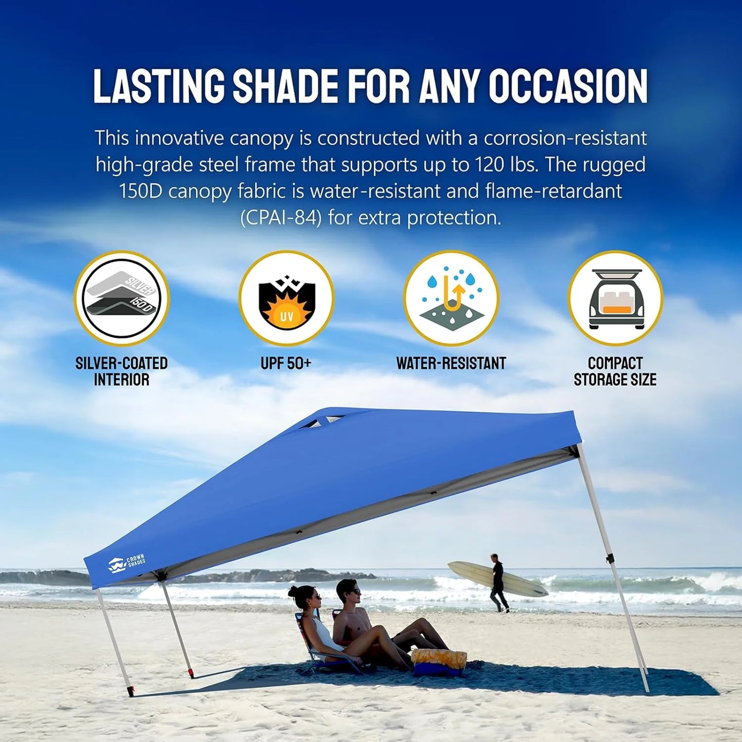 10x10 Pop-Up Awning - One-Click Installation Beach Tent - Outdoor Sunshade Silver Coated Top, 3 Heights and 4 Sand Pockets