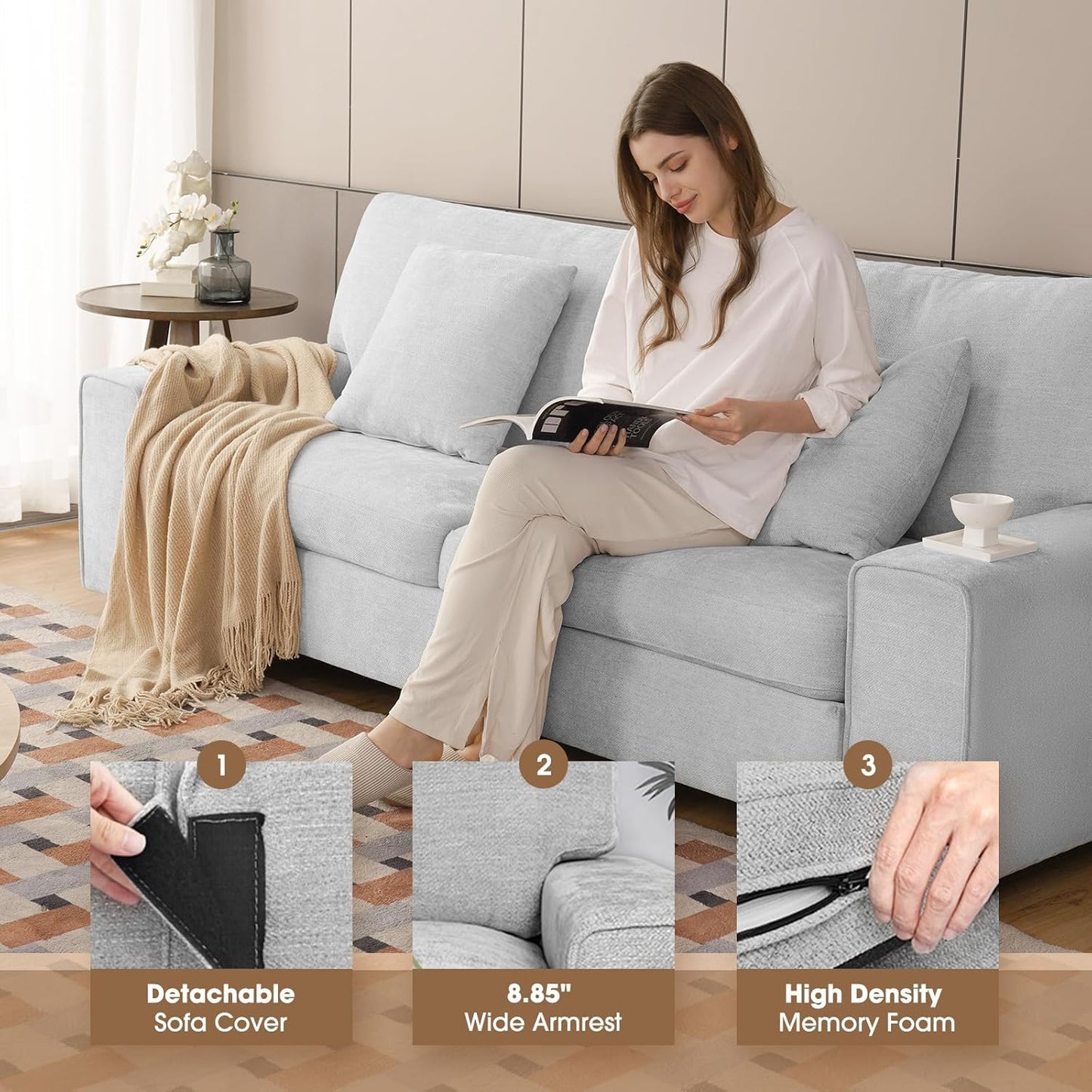 DOPEDIO living room double sofa, chenille lounge chair, removable, solid wood frame