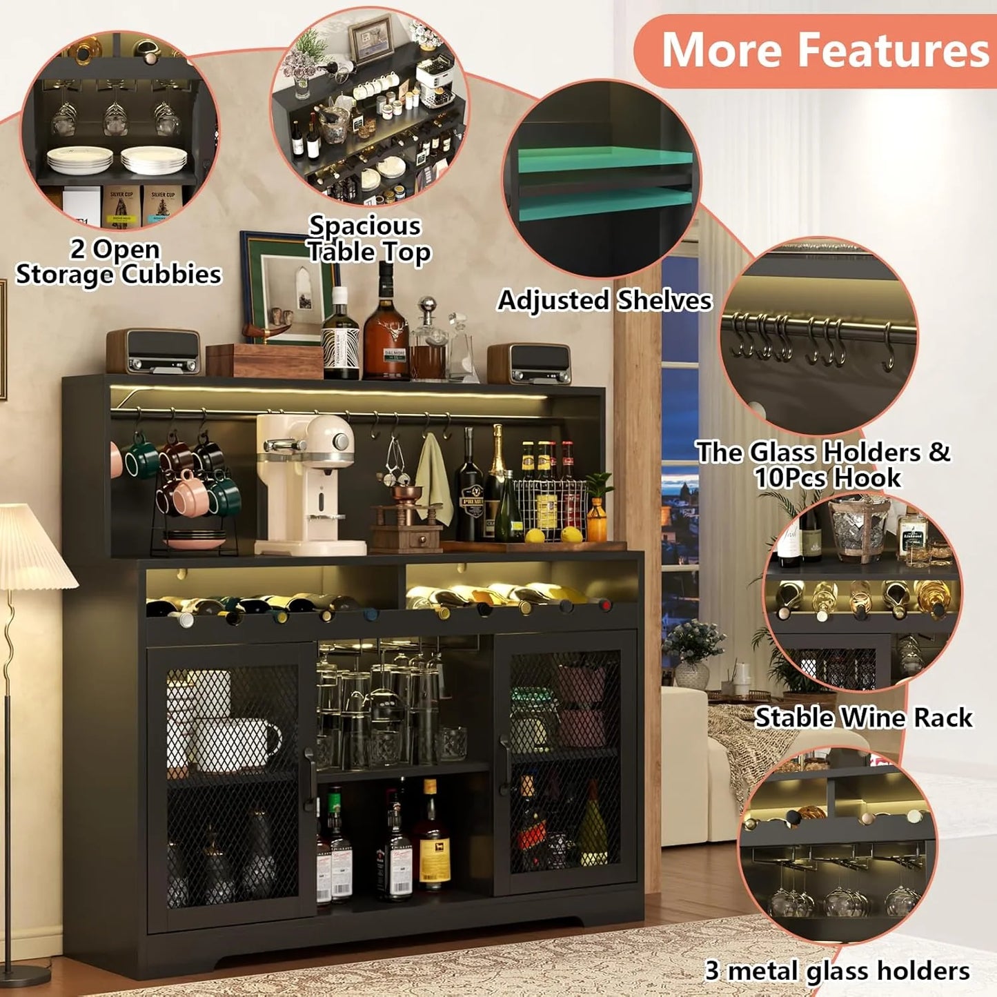 Wine Bar Cabinet with LED Light, Liquor Cabinet with Glass Holder, Coffee Bar for Liquor, Storage Buffet with Wine Racks, Wine Cabinet