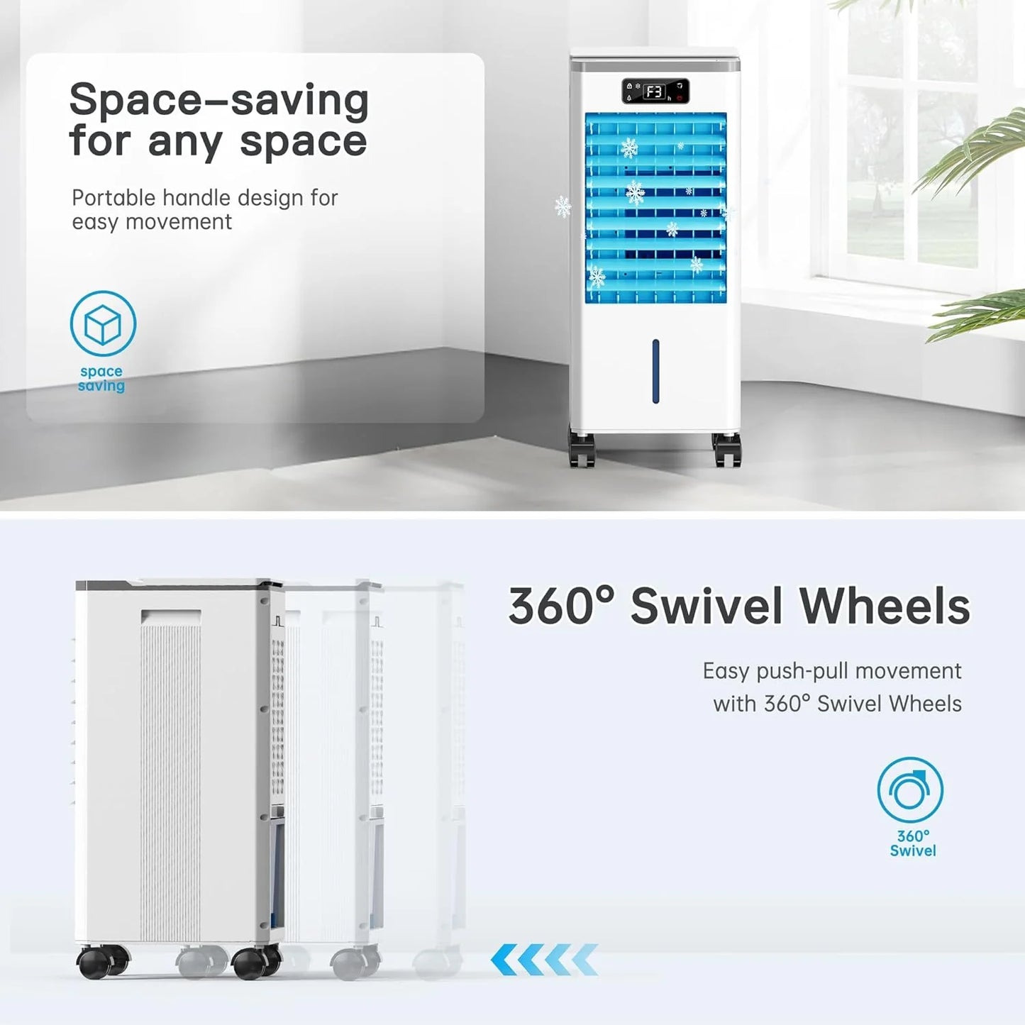 Windowless Portable Air Conditioners, Evaporative Air Cooler w/3 Modes & 3 Speeds, 12H Timer for Smart Auto-off, 2-Gal Tank for 20H Cooling,16FT Remote,No Hose Needed,46db Swamp Cooler