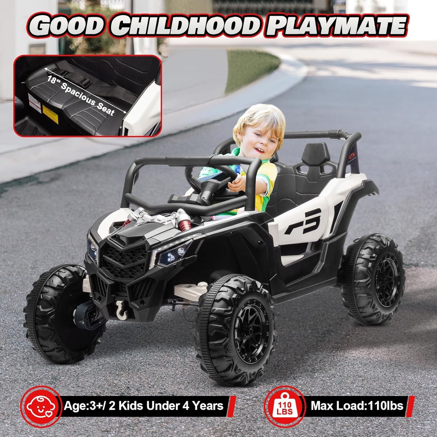 JOYRACER Kids Remote Control Car with 4 x 150W Motors, Shock Absorbers, Bluetooth, MP3 Player, and Headlights