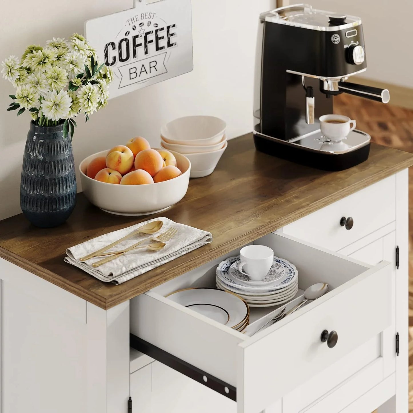 Farmhouse style console table coffee bar, entry table with storage rack, sofa table buffet sideboard