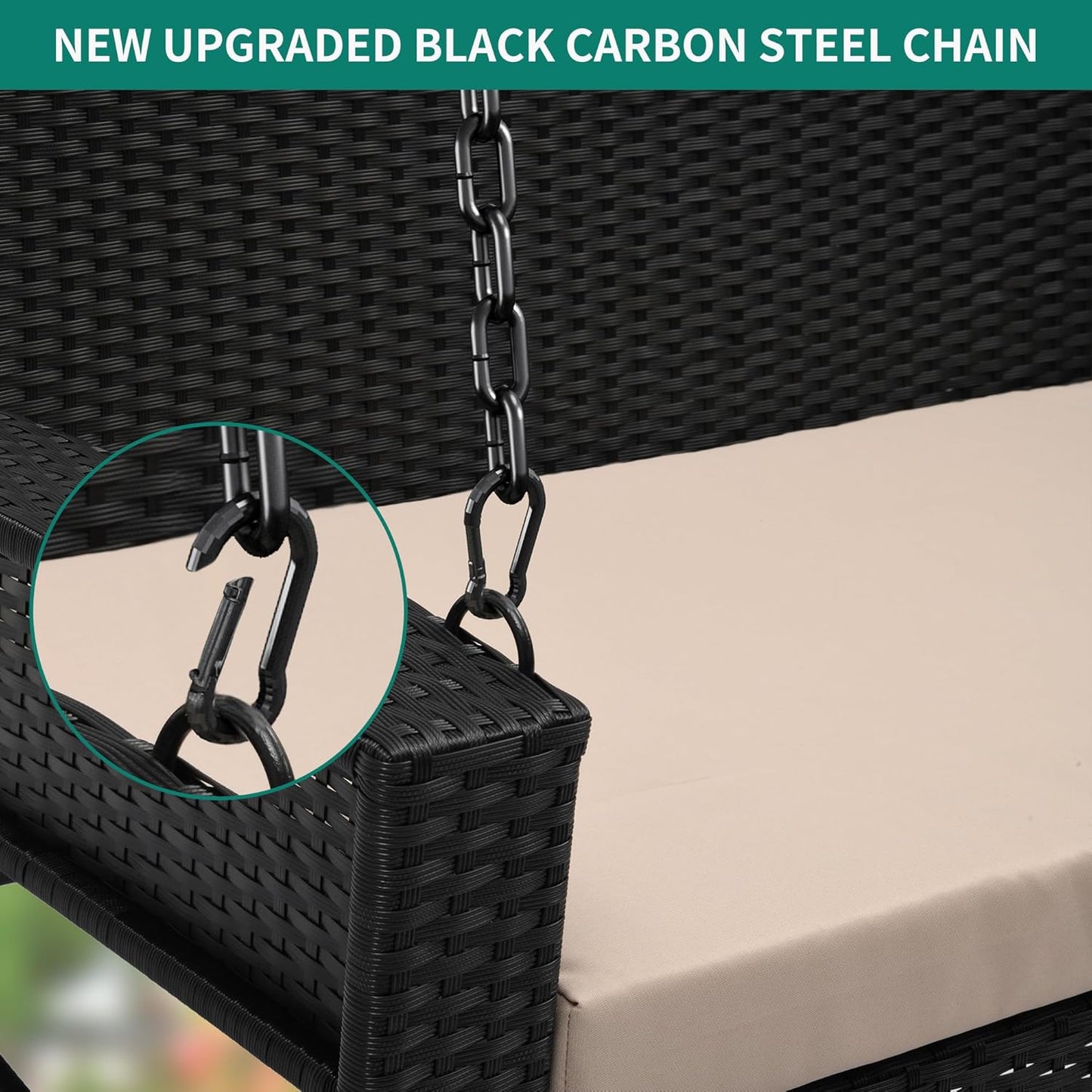 YITAHOME Hanging Porch Swing Chair Sits 3 People, Wicker Outdoor Swing Bench, Patio Lounge Chair, 1 Seating Cushion and 3 Back Cushions, w/Removable Covers, for Garden, Balcony, Backyard, Brown