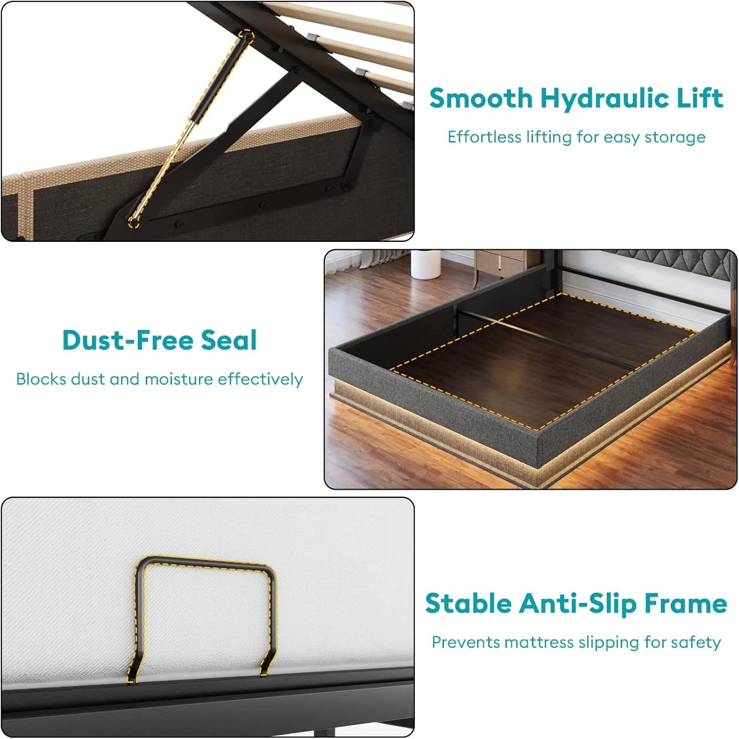 Queen Bed Frame with Storage - Lift Up Queen Size Bed Frame with Headboard, Upholstered Platform Bed with LED Lights & Charging Station, Hydraulic No Box Spring Needed Wood Slats Support, Beige