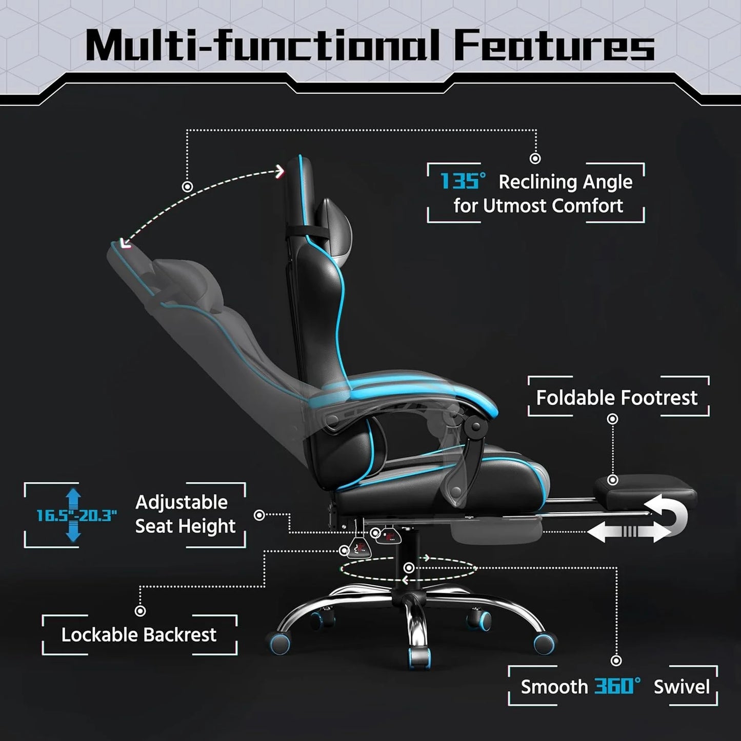Gaming Chair with Massage Lumbar Support and Footrest Height Office Gaming Chair