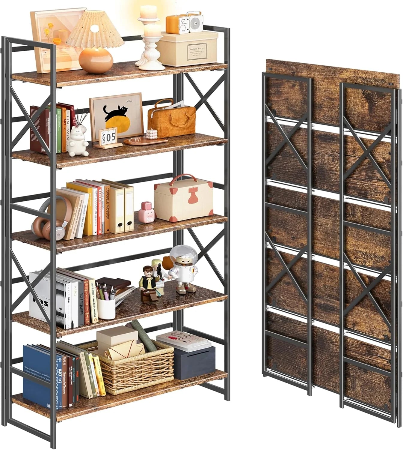 5 Tiers No Assembly Book Shelves 51.2" H Folding Bookshelf Bookcase