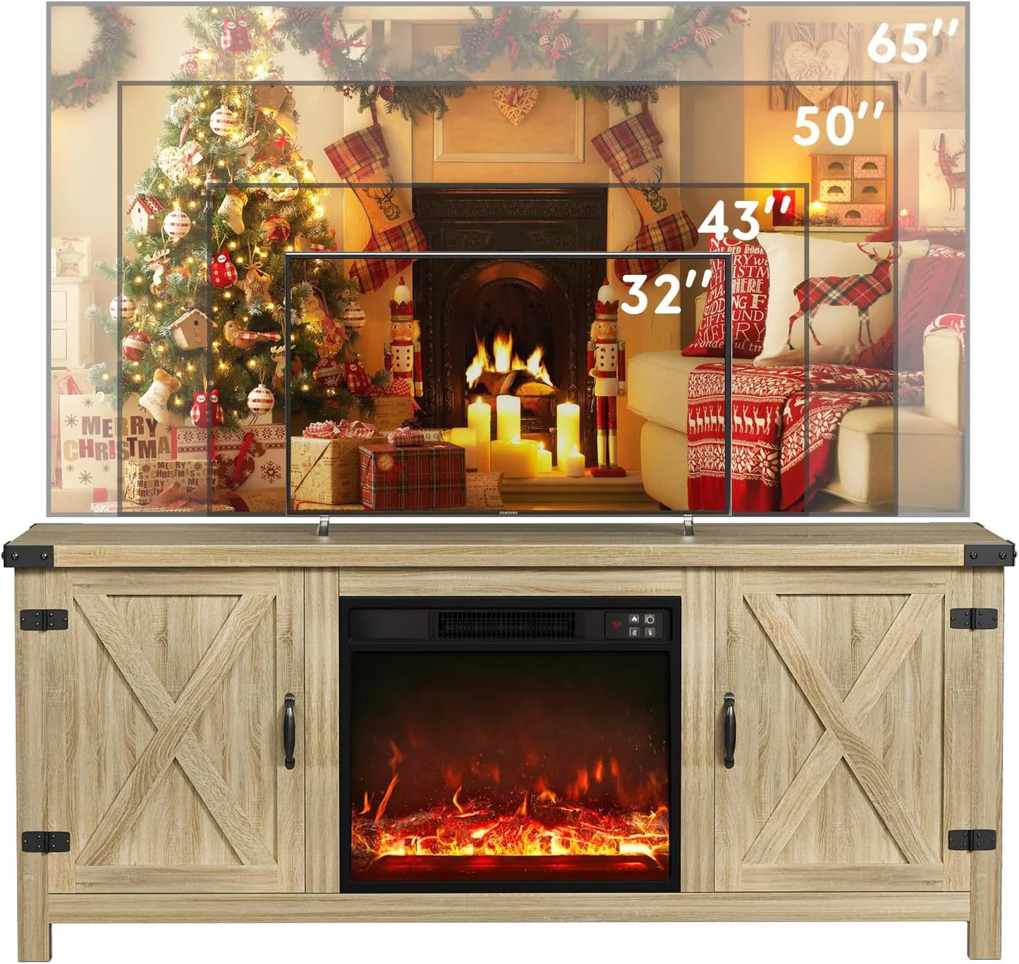 YESHOMY Fireplace TV Stand with Two Barn Doors and Storage Cabinets for Televisions up to 65+ Inch, Entertainment Center Console Table, Media Furniture for Living Room, 58 Inch