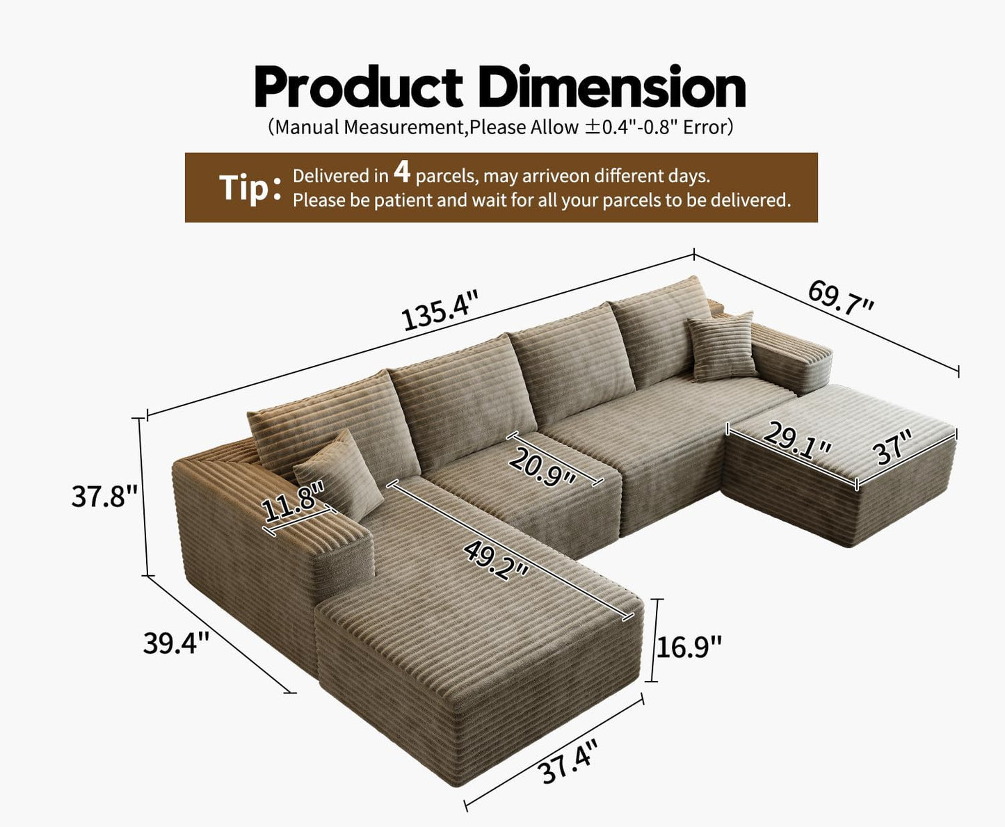 107.5" Cloud Modular Sectional Sofa Couch with L-Shape Chaise,Modern Minimalist Upholstered Couches