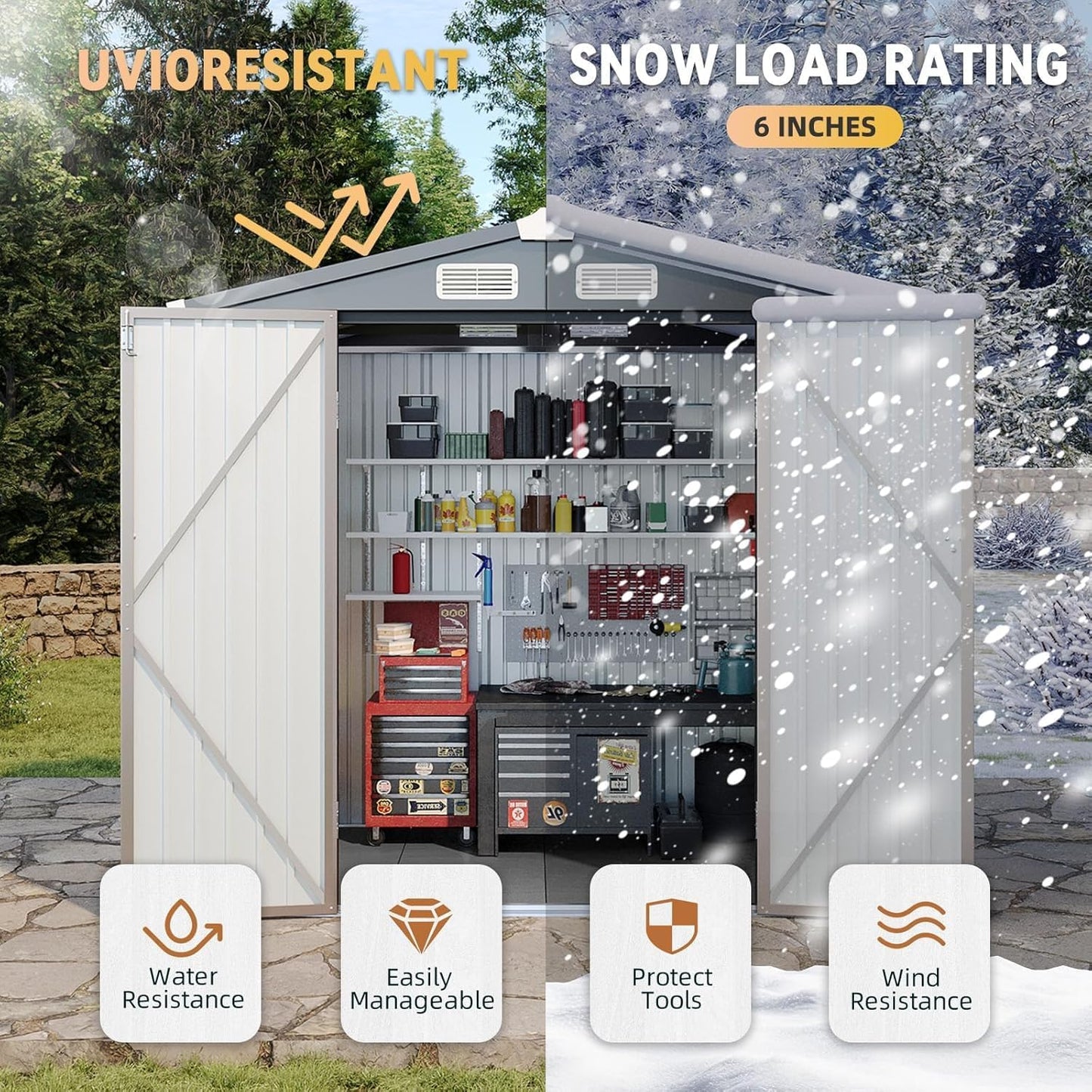 Aoxun 7.4x5.3FT Shed with Floor Galvanized Steel Outdoor Storage Shed Metal Garden Shed with Double Doors, 15mm Moisture-Proof Floor & Ventilation, Sloped Roof for Bike/Generator/Tool Storage (Brown)