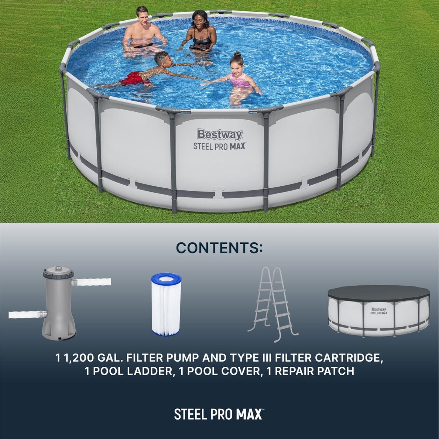 Steel Pro MAX 14 Foot x 48 Inch Round Metal Frame Above Ground Outdoor Swimming Pool Set with 1,000 Filter Pump, Ladder, and Cover, Gray
