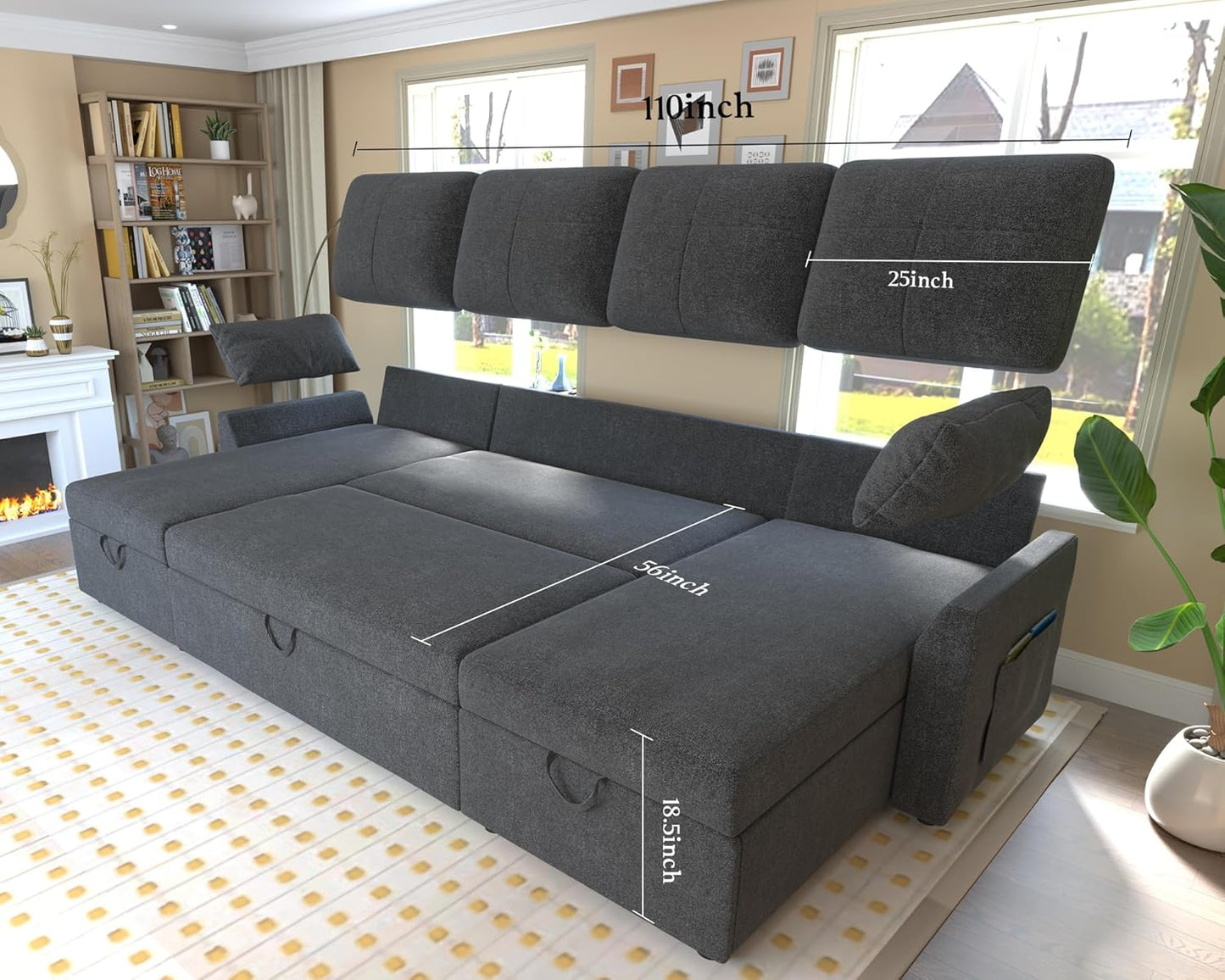 VanAcc Sofa Bed, Sleeper Sofa with Storage Chaise- 2 in 1 Pull Out Couch Living Room, Comfy Sleeper Couch