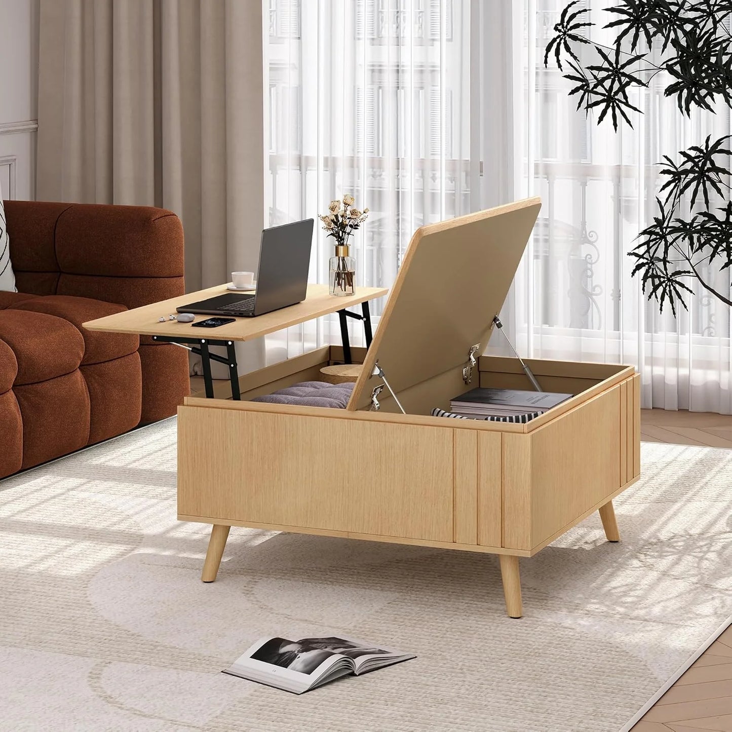 Round Coffee Table with Storage,Fluted Center Table with Sliding Cabinet Door for Living Room,Home Small Space,31.5" Small Center Table,Walnut