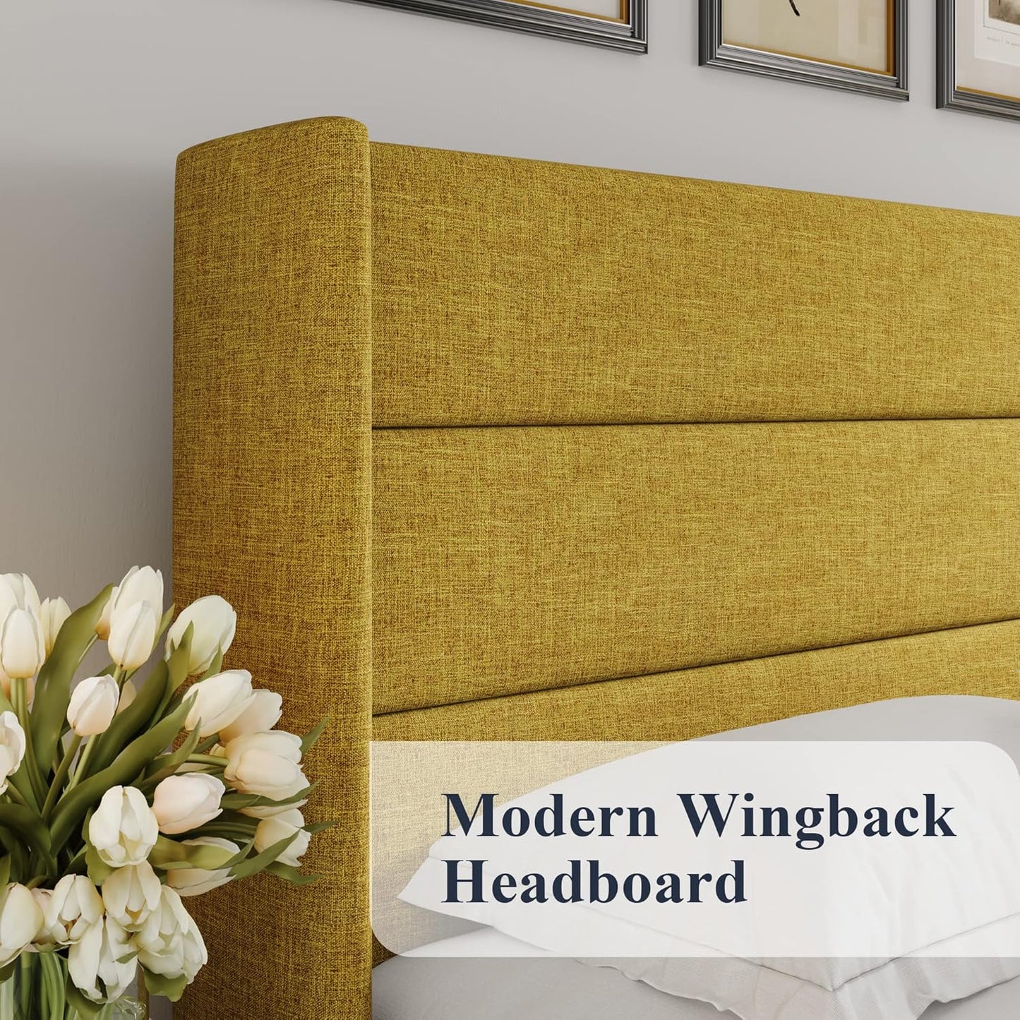 Allewie Queen Size Lift Up Storage Bed, Modern Wingback Headboard, Hydraulic Support, No Box Spring Needed, Light Beige