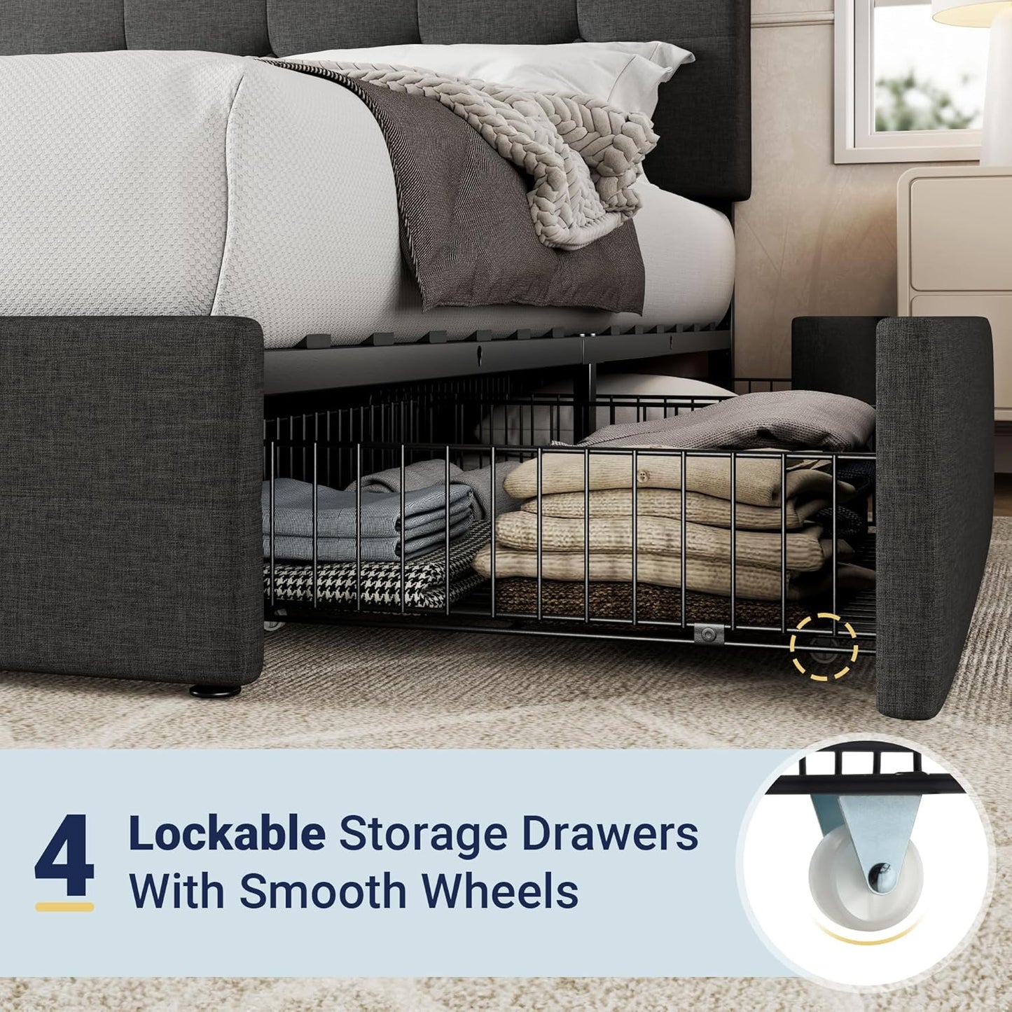 Allewie Upholstered Queen Size Platform Bed Frame with 4 Storage Drawers and Headboard, Square Stitched Button Tufted, Mattress Foundation with Wooden Slats Support, No Box Spring Needed