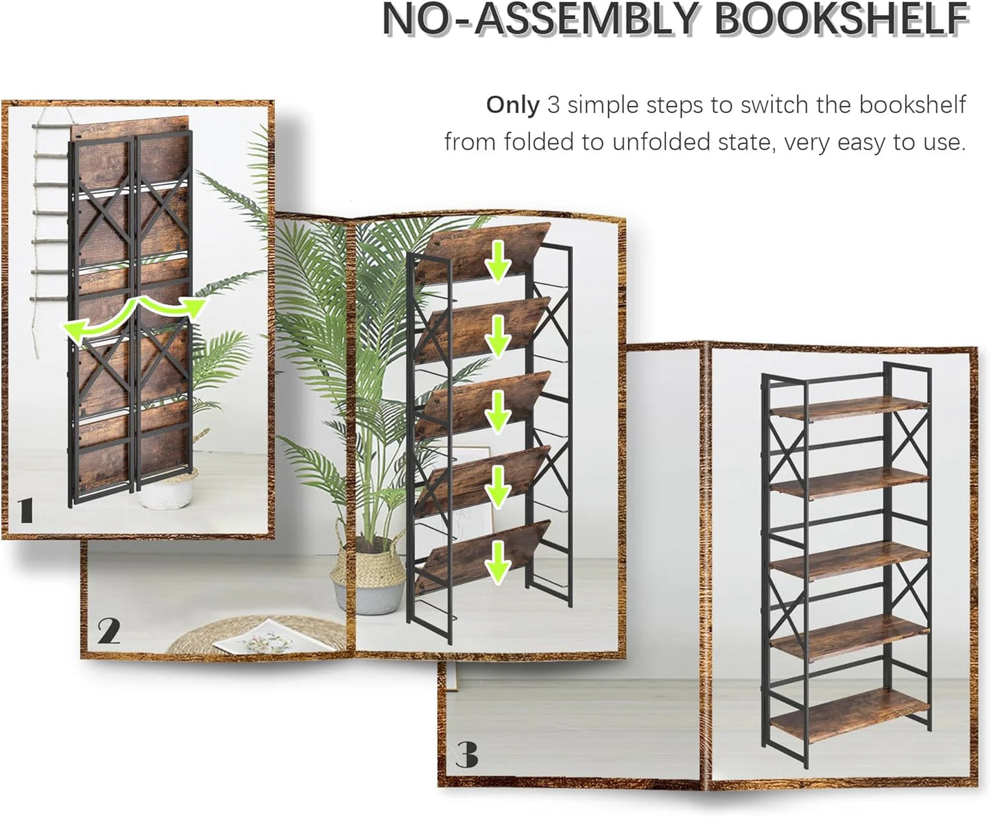 5 Tiers No Assembly Book Shelves 51.2" H Folding Bookshelf Bookcase