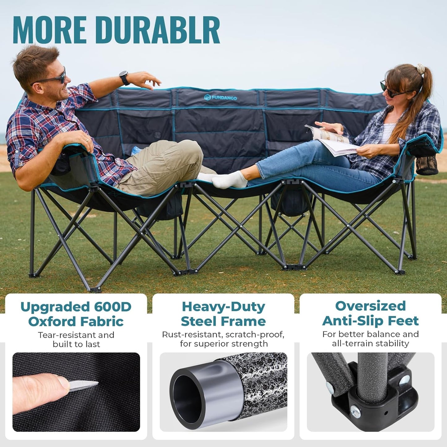 Double Camping Chair with Cooler 3-Person Folding Extra Large Camping Chair with 1000-Pound Load Capacity