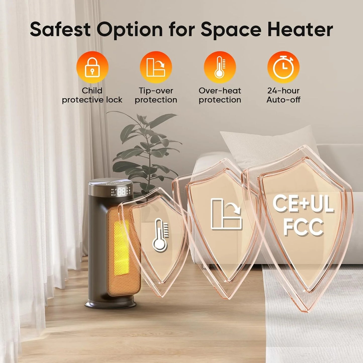 1500W Indoor Space Heater, Smart PTC Electric Heater with Wifi/App and Remote Control, Overheat and Tip-Over Protection