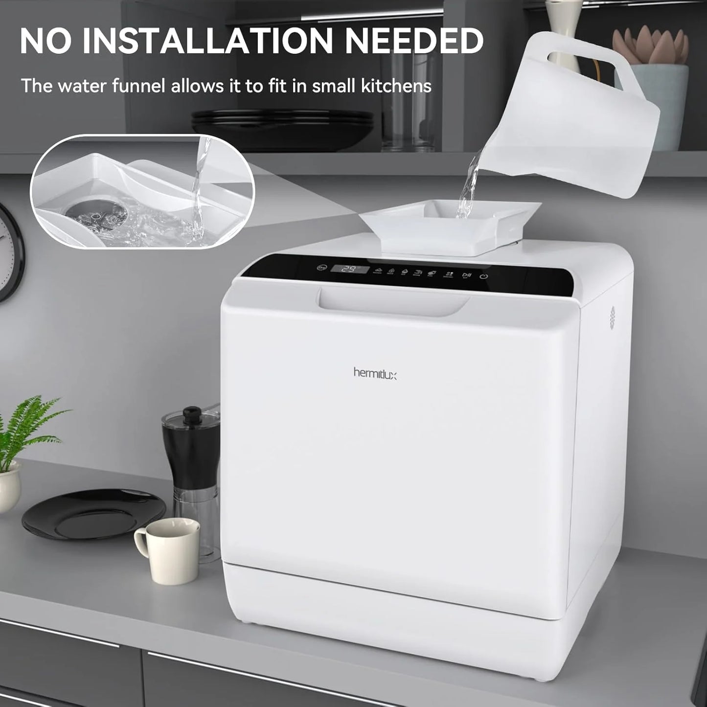Hermitlux tabletop dishwasher, 7 wash programs, portable mini dishwasher