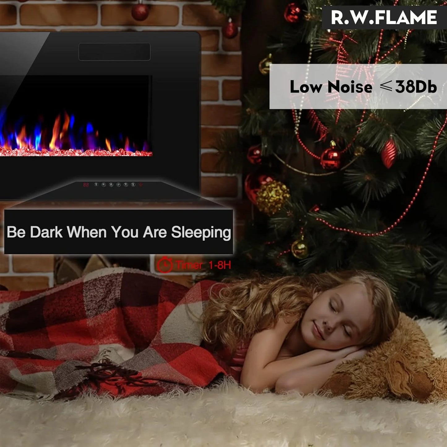 R.W.FLAME 60" Recessed and Wall Mounted Electric Fireplace, Low Noise, Fit for 2 x 6 Stud, Remote Control with Timer, Touch Screen, Adjustable Flame Color and Speed, 750-1500W