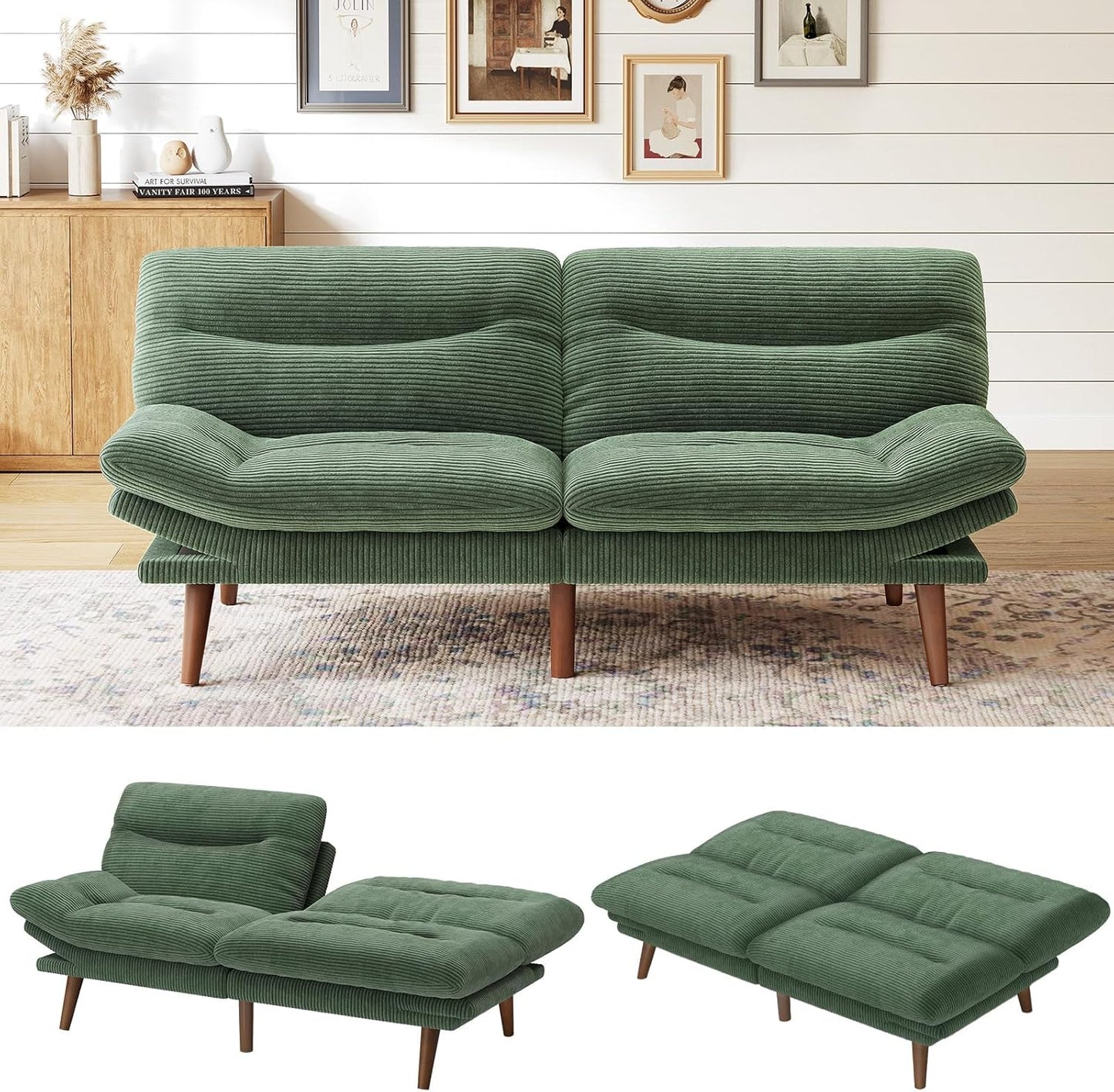 Futon Sofa Bed, Futon Sofa with Adjustable Back and Armrests, Converts to Small Sleeper Sofa Bed Corduroy Loveseat Green
