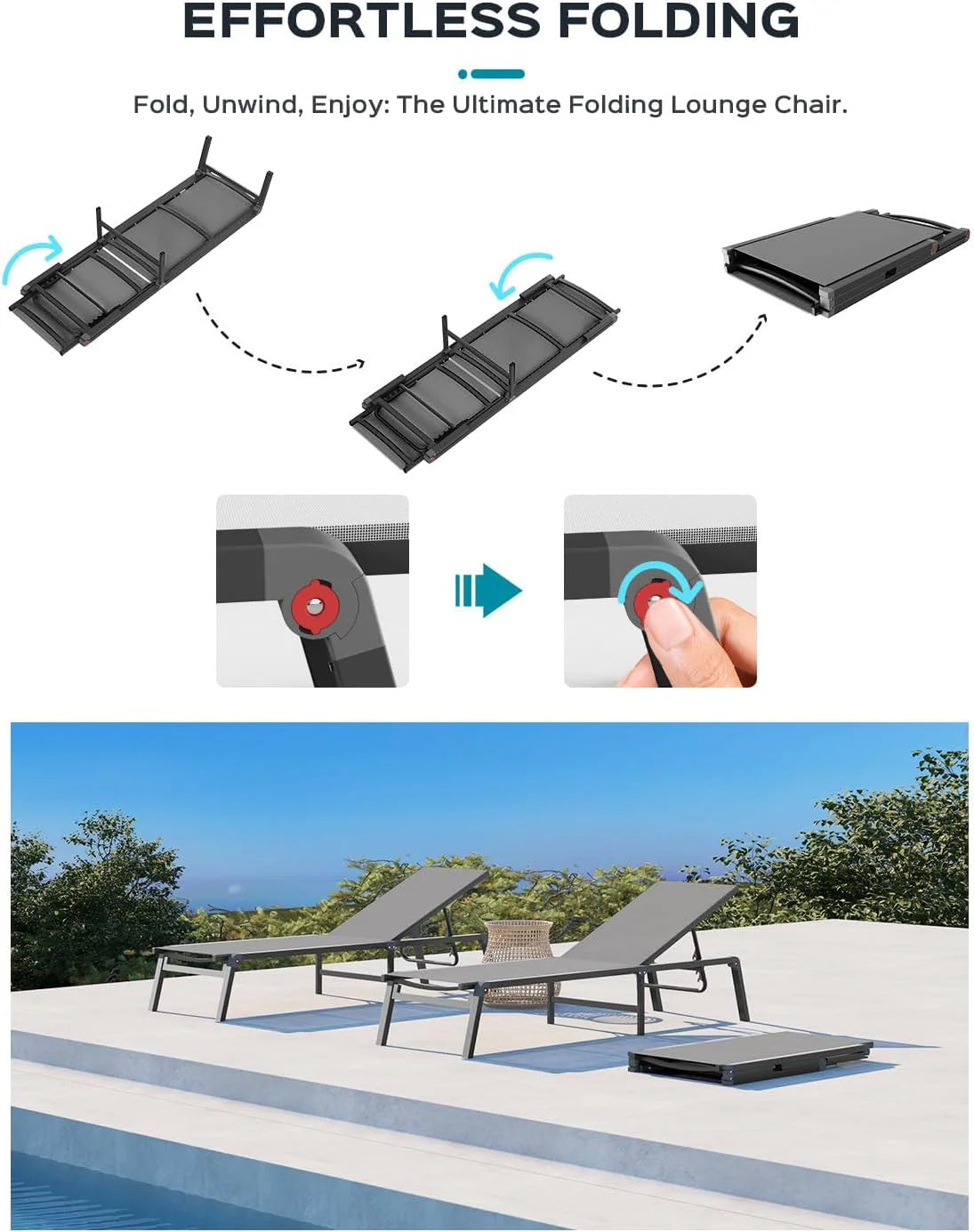 Aluminum Chaise Lounge Ourdoor - Foldable & Assemble Free Outdoor Lounge Chair with 5 Adjustable Backrest, Patio Lounge Chair for Outside Poolside Beach Pool, Black