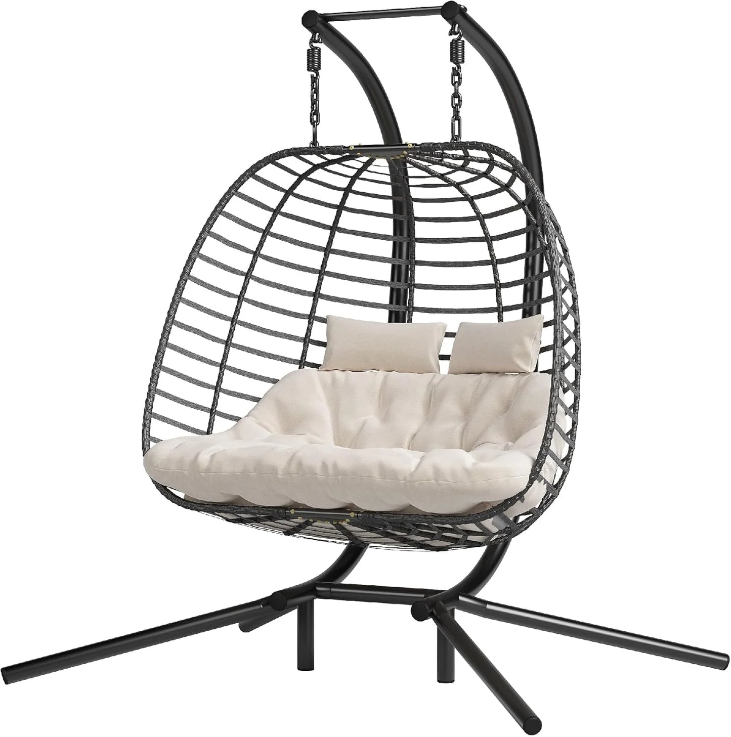 HWB Hanging Egg Chair with Stand, Patio Wicker Hammock Egg Swing Chair with Cushion for Bedroom Garden Indoor Outdoor (Beige)
