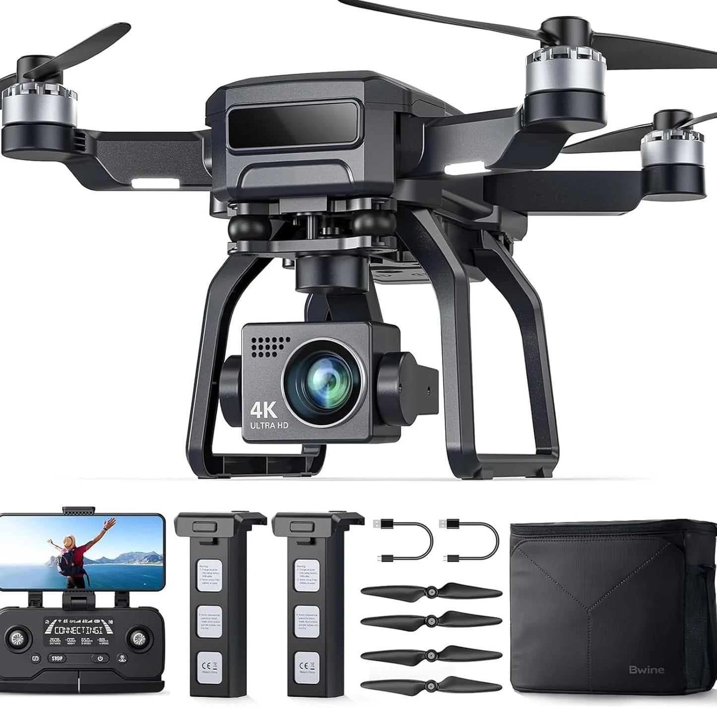 Adult-specific camera drone with 4K UHD aerial photography, 3-axis gimbal, 10,000-foot control, 3 batteries for 75 minutes of flight time, and GPS tracking