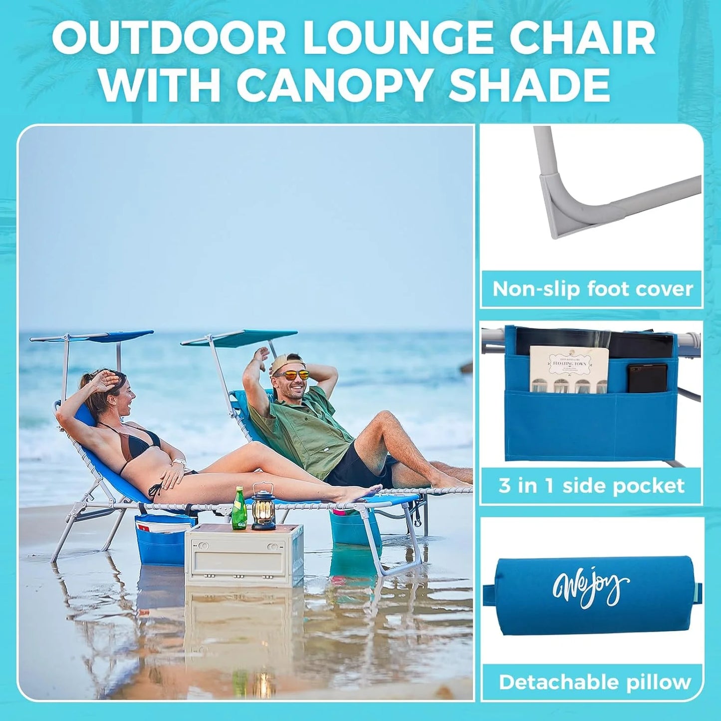 2 Pack Outdoor Chaise Lounge Chair - Portable Folding Patio Pool Lounge Chair, 5 Positions Adjustable Reclining Camping Chair with Side Table,Shoulder Strap, Pillow for Beach Sunbathing Lawn