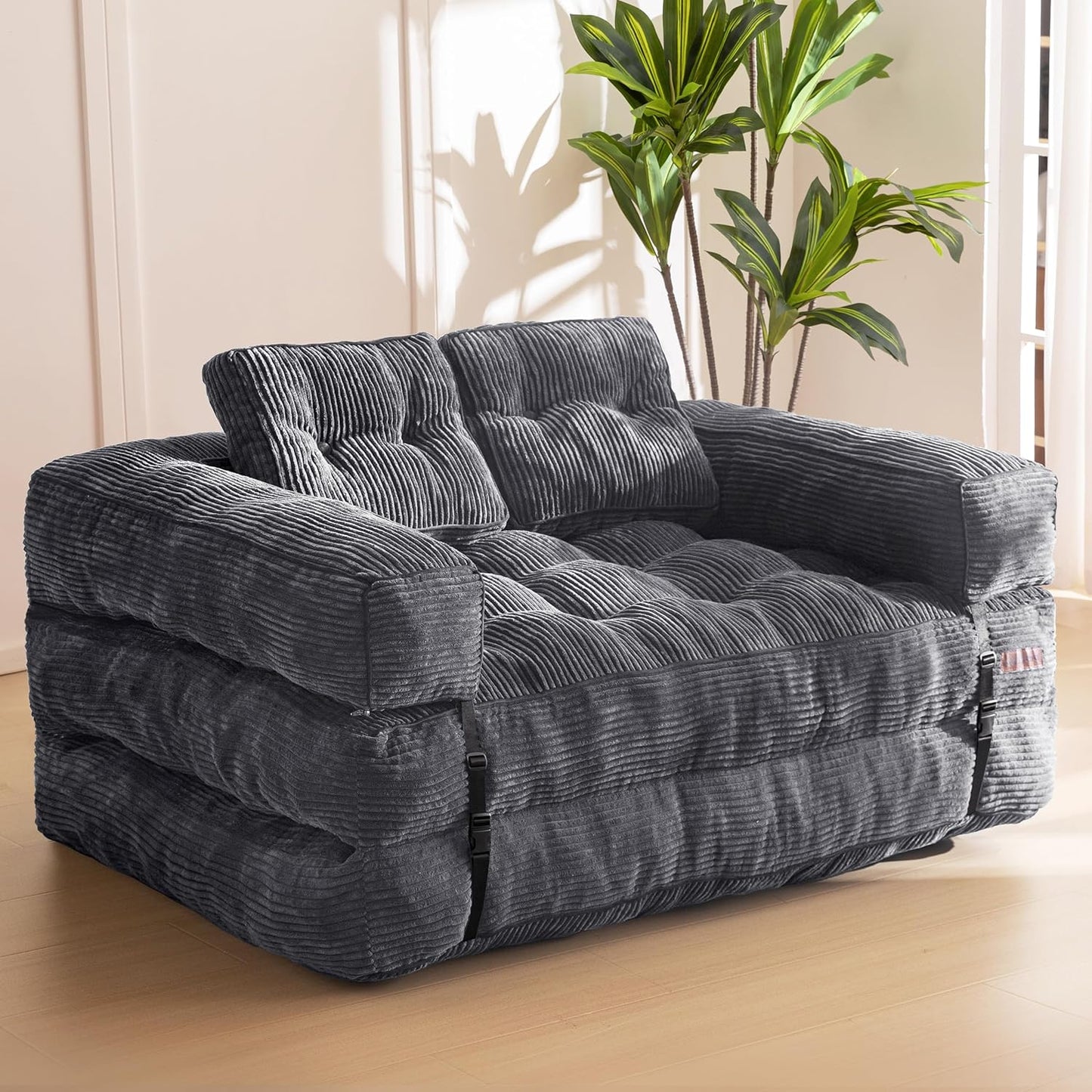 Folding Sofa Bed, L-Shaped Convertible Sofa Bed with Armrests and Pillows,