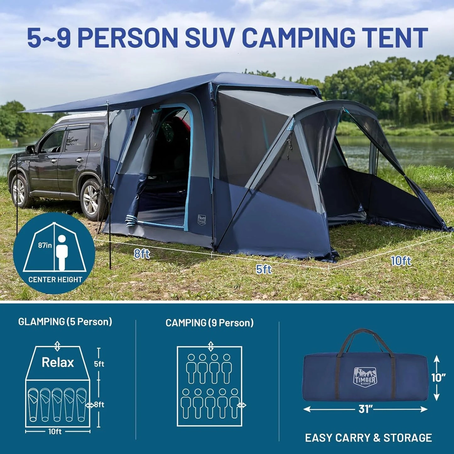 TIMBER RIDGE 5-9 Person SUV Tent with Screen Porch and Awning for Family Camping, Weather Resistant and Portable Van or Car Tent, Includes Rainfly and Storage Bag, 13' W X 10' L X 7.1' H