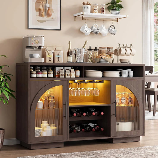 Sideboard, 54-inch kitchen cabinet with LED lights and arched glass doors, tall bar cabinet